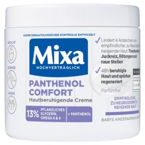 Mixa Panthenol hudberoligende creme, med panthenol, plejecreme til tør, følsom og neurodermatitis tilbøjelig hud, sårhelende creme mod rødme og kløe, Panthenol Comfort, 400 ml